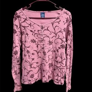 High Sierra Long Sleeve Half Snap V-Neck Pink Maroon Ribbed T-Shirt Top L Cotton